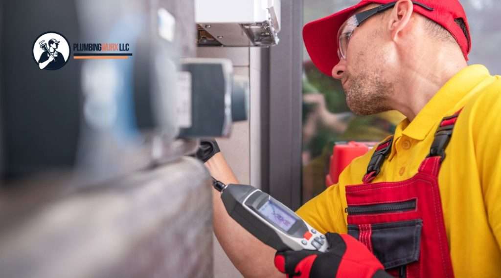 A plumber in a red cap and yellow shirt using a digital inspection camera to examine a pipe or utility box outdoors, focusing on a maintenance check.