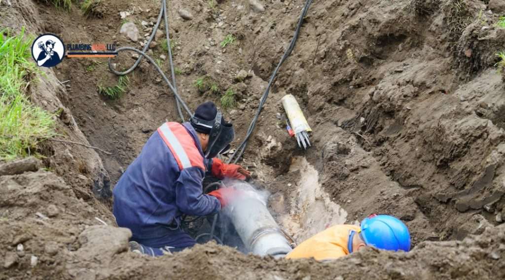Two workers in protective gear repair an underground pipe in a deep trench. One uses welding equipment while the other assists. The PlumbingWurx LLC logo is visible in the corner.