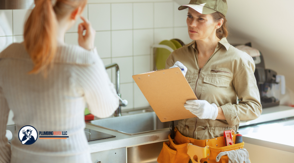 Smiling plumber in grey work overalls holding a wrench, standing in a modern bathroom with marble walls and a white towel radiator. PlumbingWurx LLC logo displayed on the lower left corner.